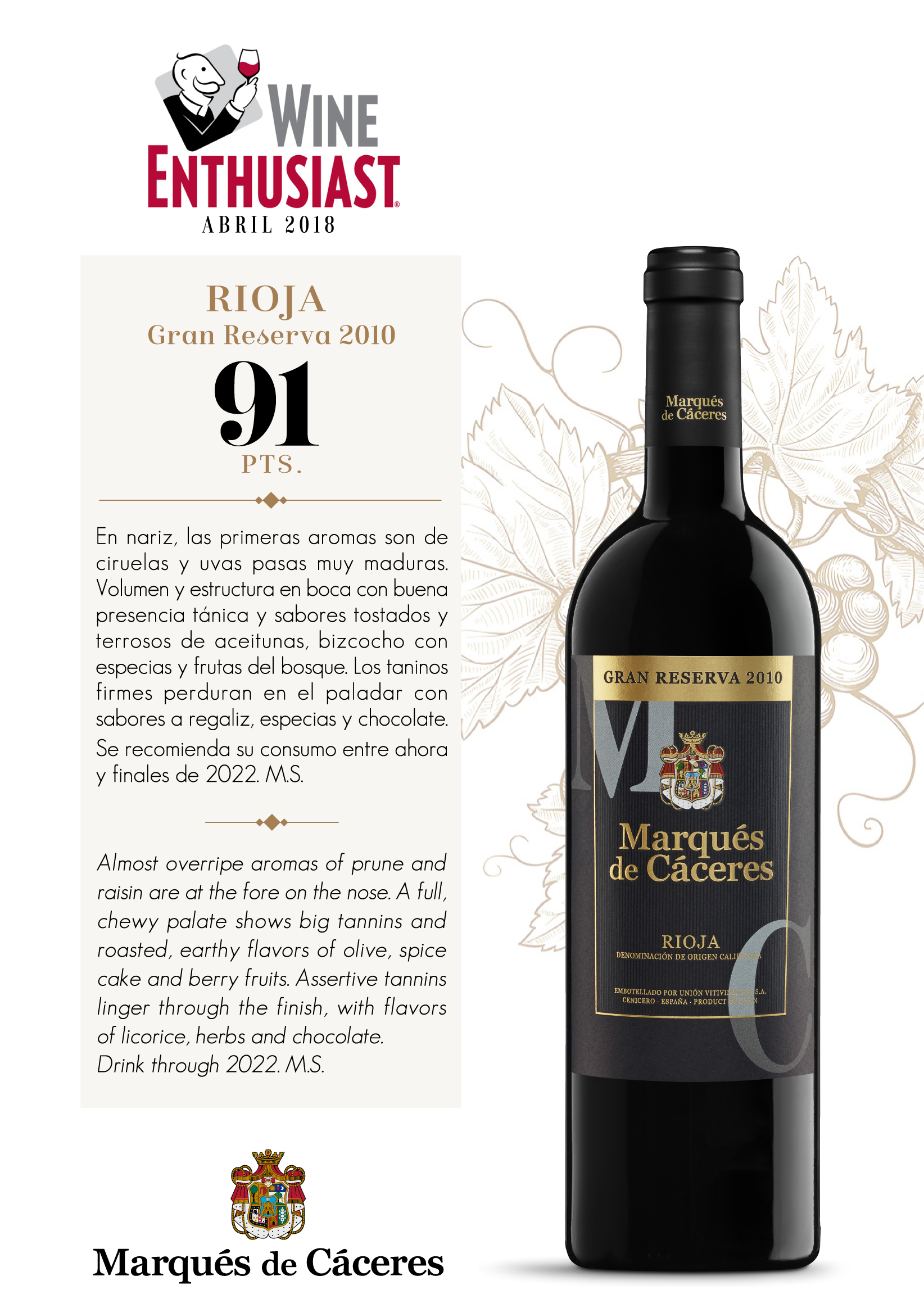 Wine Enthusiast. 91 puntos Gran Reserva 2010