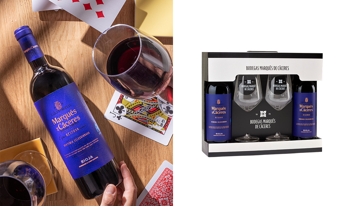 estuches marques de caceres 2 botellas de reserva con dos copas para regalo